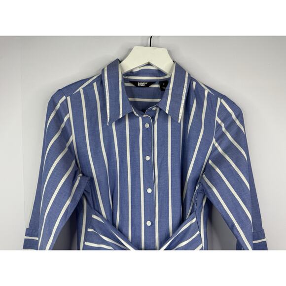 Lands End Womens Poplin Midi Wrap Front Dress Sz 2 Blue Striped Preppy Nautical - Picture 3 of 10